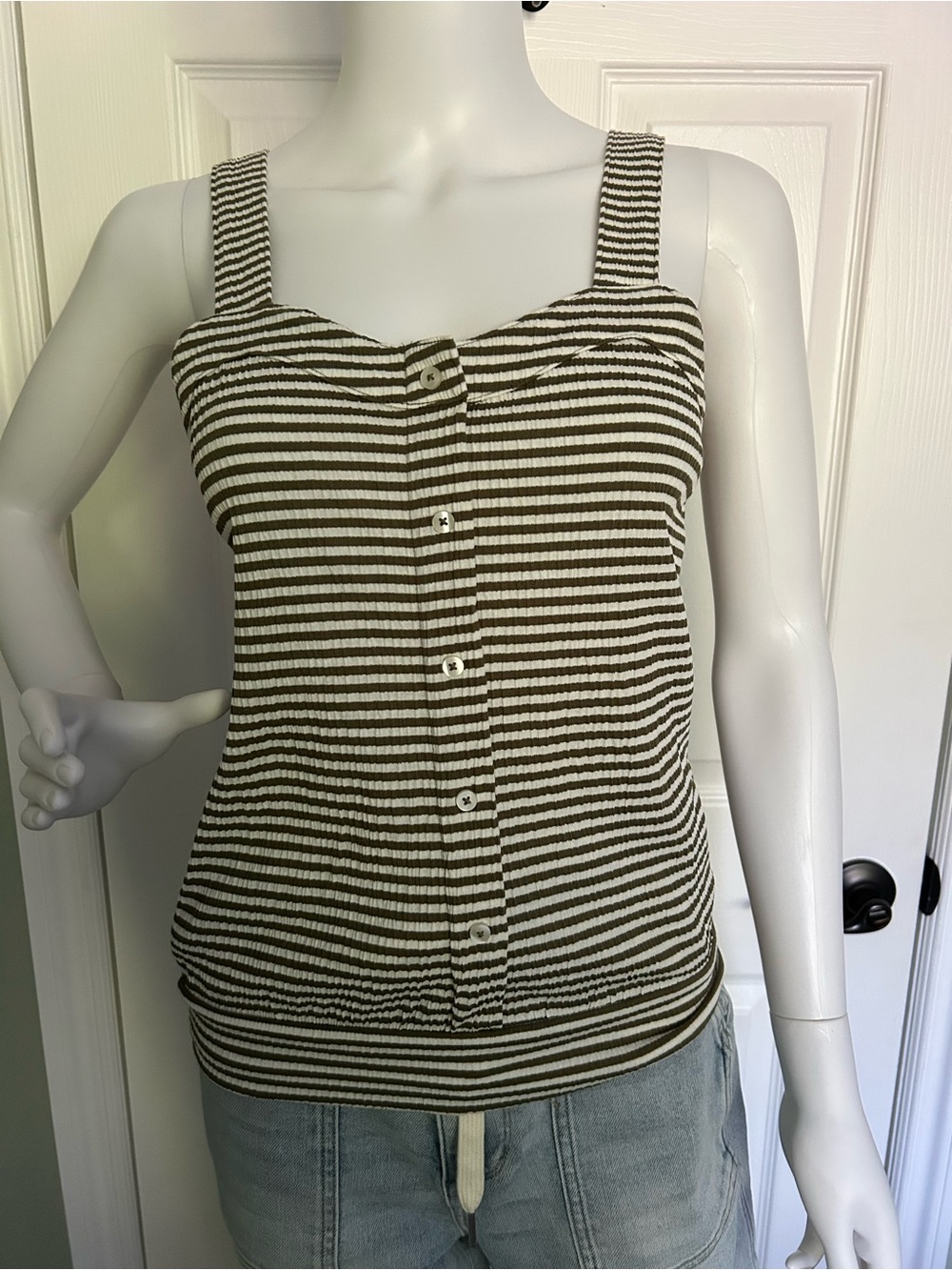 LOFT Olive and White Striped Button-Front Ribbed Tank